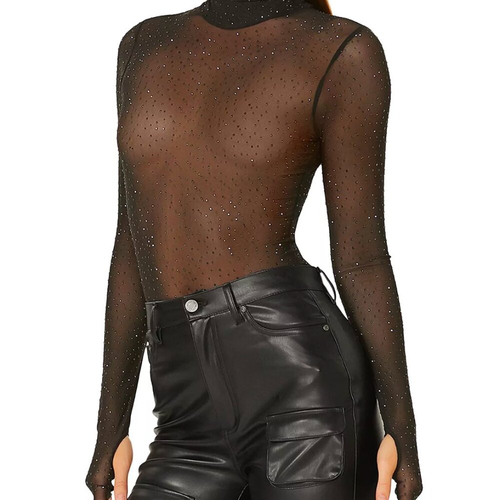 NWT AFRM Zadie Rhinestone Embellished Mesh Top SZ L Black Semi sheer
